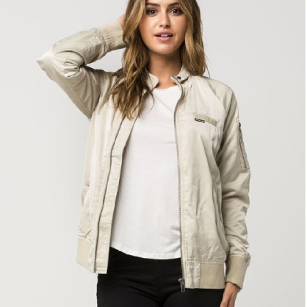 UO Members Only Cream Satin Bomber Jacket